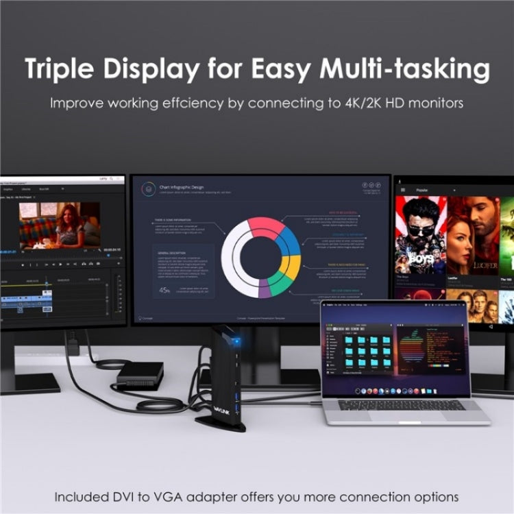 WAVLINK UG39PD1 13 in 1 Tipo-C Triplo Monitor 4K HD Docking Station, US Plug, UK Plug, EU Plug, AU Plug