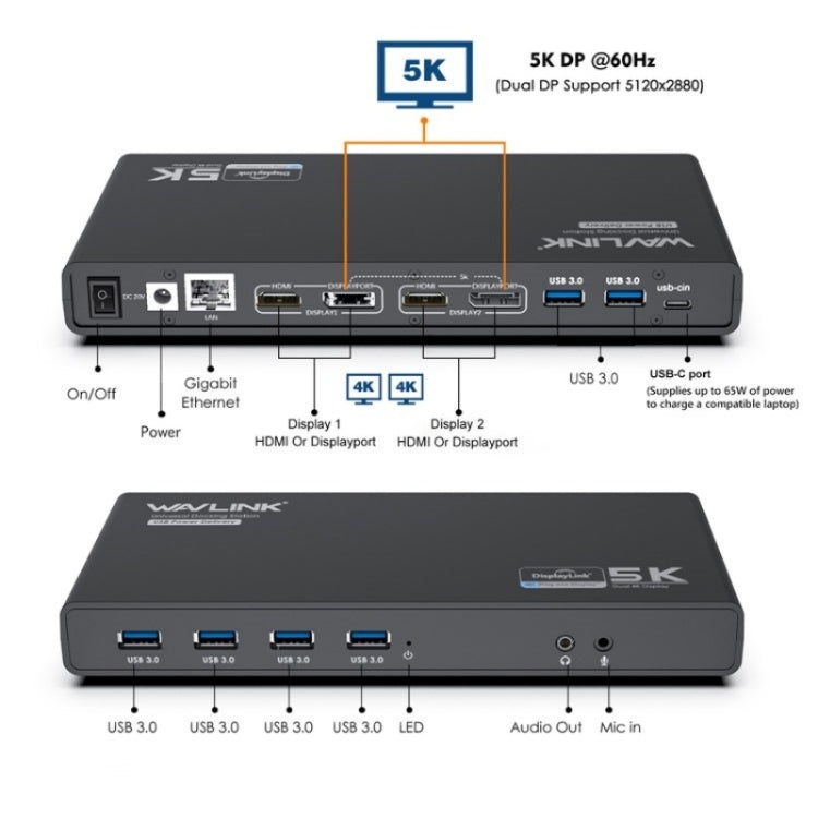 WAVLINK UG69PD6 Stazione di docking per laptop 4K doppia Displaylink HD 5K 65/100W PD Charging, US Plug, UK Plug, EU Plug, AU Plug