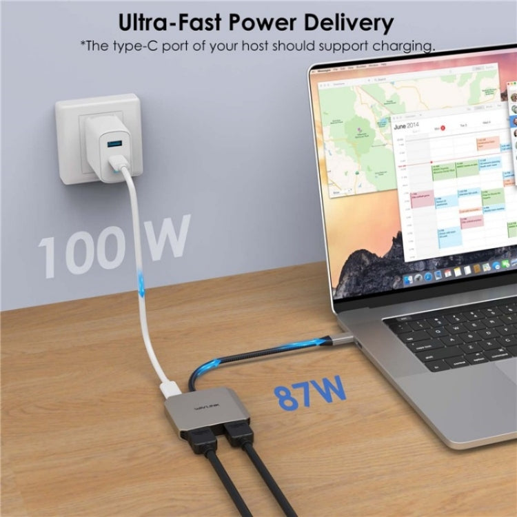 Adattatore per monitor 4K 60Hz WAVLINK UHP510 Pro 87W PD Charging USB C a doppio HD