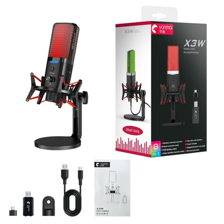 Microfono per gioco con riduzione del rumore RGB a doppia modalità wireless/cablato Yanmai X3W, X3W
