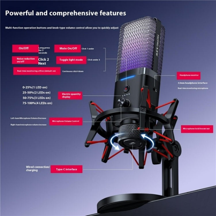 Microfono per gioco con riduzione del rumore RGB a doppia modalità wireless/cablato Yanmai X3W, X3W