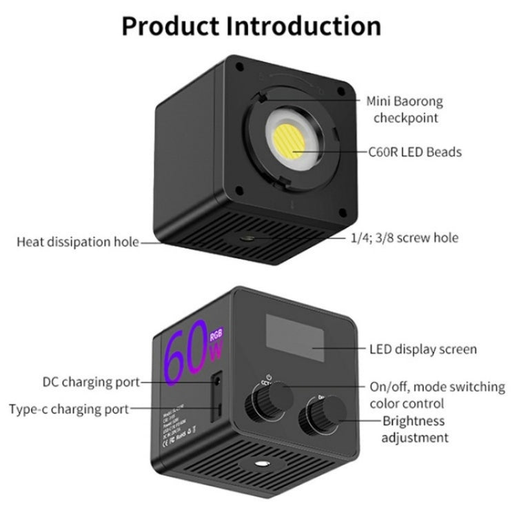Lampada da palco RGB C60R 60W Luce di riempimento COB per video e fotografia professionale, EU Plug, US Plug, UK Plug
