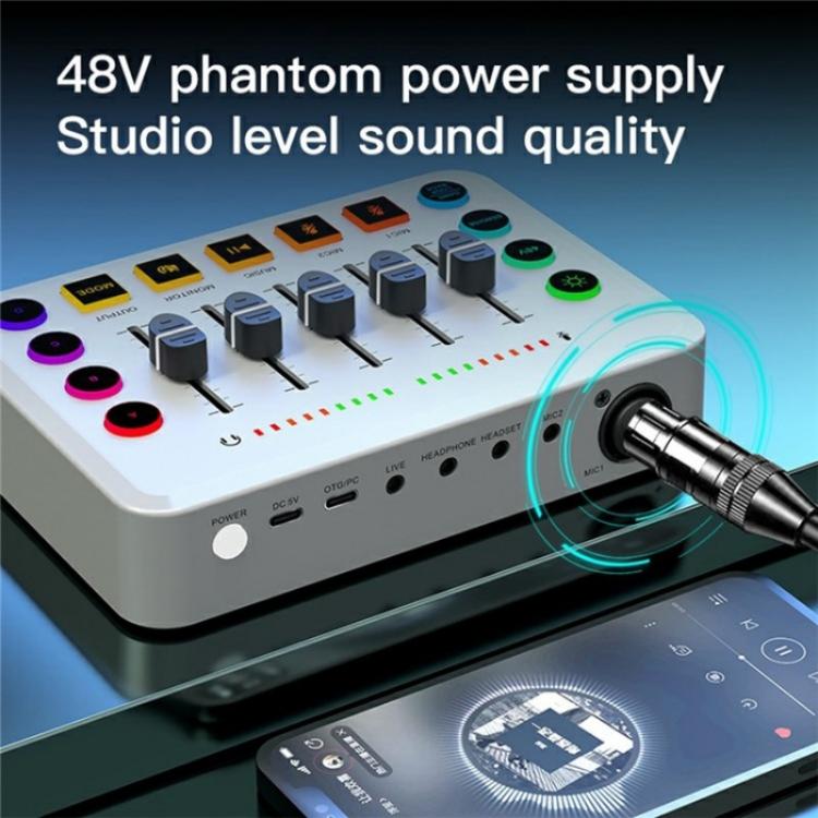 F9 48V Live Streaming Scheda audio Mixer audio Potenza Cambia voce con luce RGB