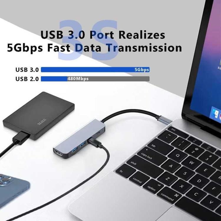 Adattatore hub multiporta da tipo C a HDMI, hub USB C 5 in 1 con display HDMI 4K, USB 3.0, ricarica PD da 100 W