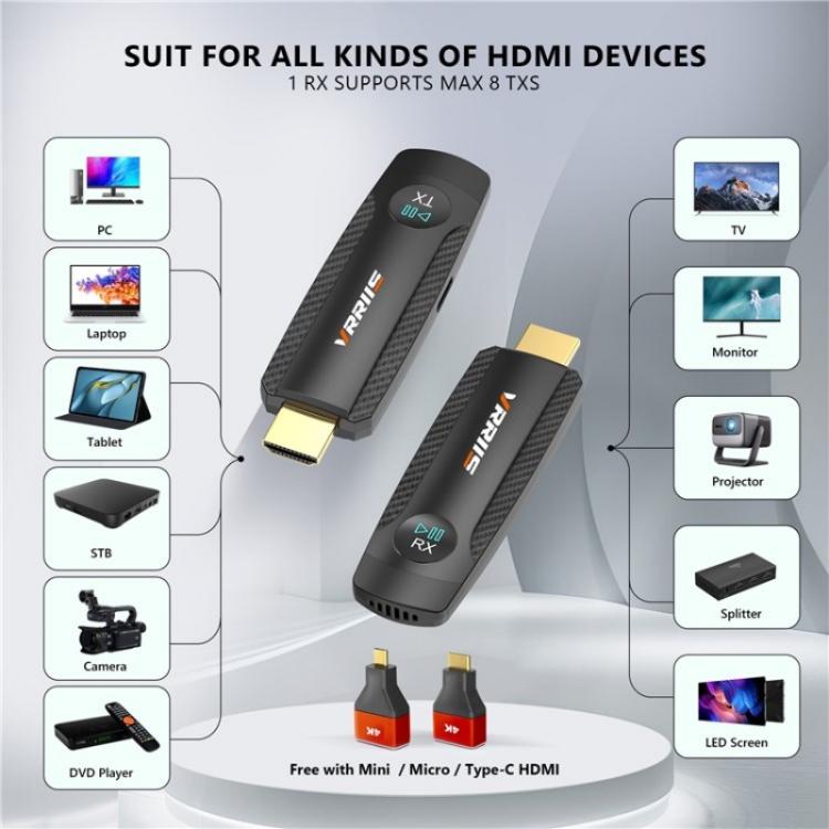 VRRIIS 094 100m HD Video Trasmettitore Ricevitore Wireless HDMI Extender 1080P, 094
