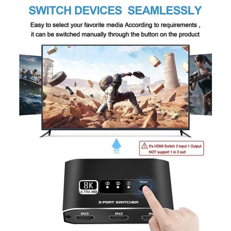 Q8Q3-2 8K 3 In 1 Out HDMI 2.1 Video Switcher 4K 120Hz HDMI Switch, Q8Q3-2