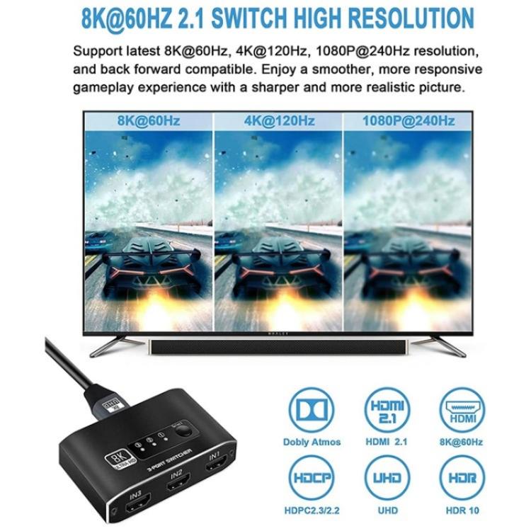 Q8Q3-2 8K 3 In 1 Out HDMI 2.1 Video Switcher 4K 120Hz HDMI Switch, Q8Q3-2