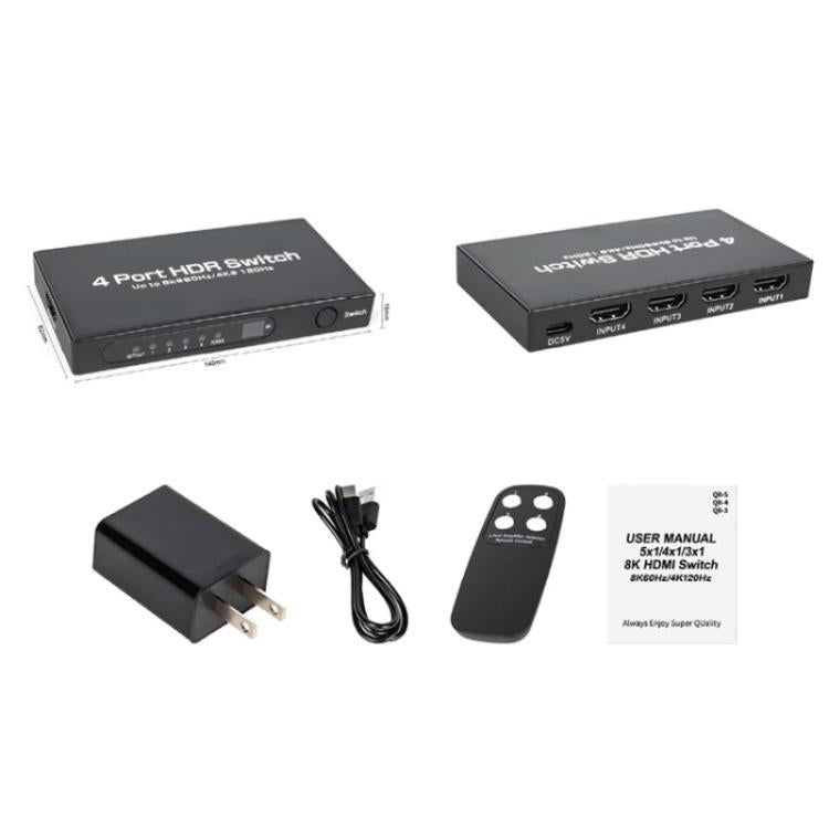 Q8-4 With Remote Control HDMI 2.1 8K 60Hz Gaming Home Theater Switcher 4x1 Adapter, US Plug, EU Plug