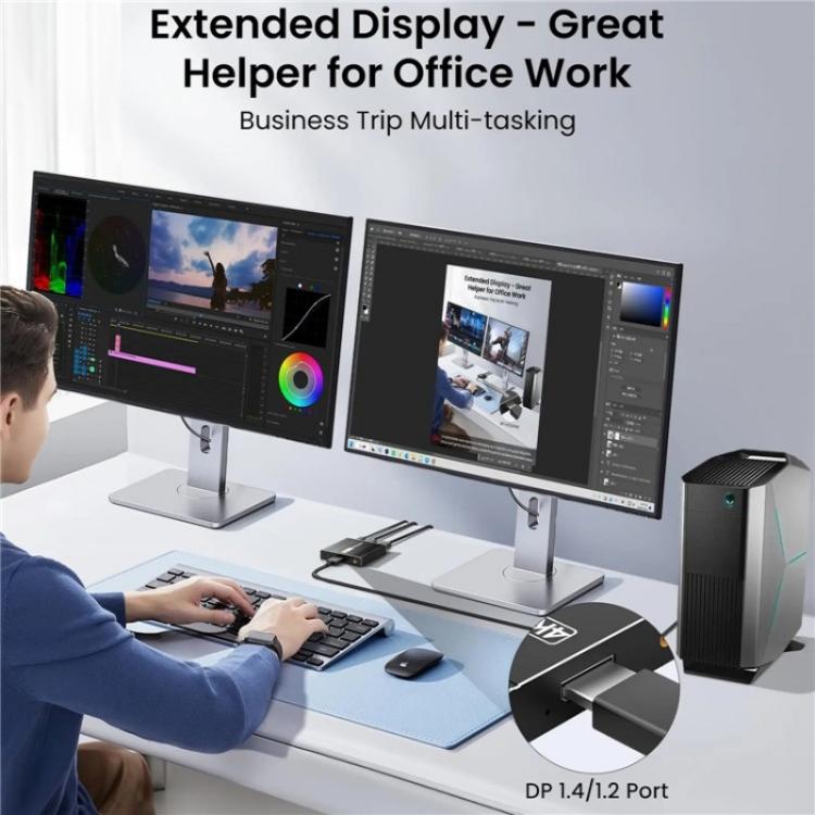 FD 1X2 4K 144HZ Audio Extractor Splitter DisplayPort 1.4 to Dual DisplayPort MST Hub, US Plug, EU Plug