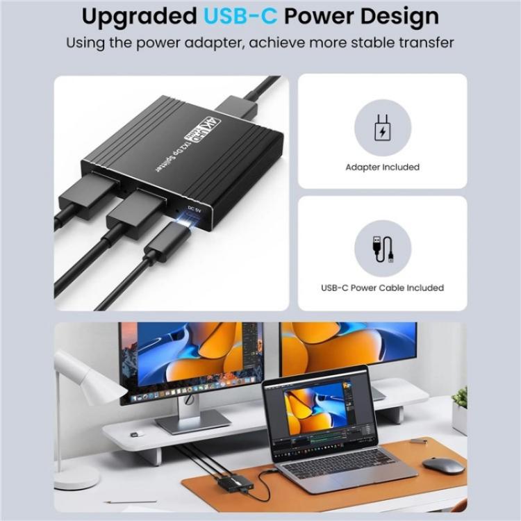 FD 1X2 4K 144HZ Audio Extractor Splitter DisplayPort 1.4 to Dual DisplayPort MST Hub, US Plug, EU Plug