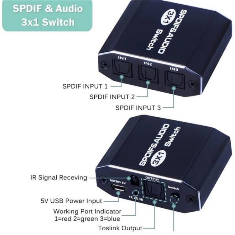 VG2 3x1 Audio Switcher SPDIF Optical Switch 3 In 1 Out Digital Toslink Selector For Home Theater