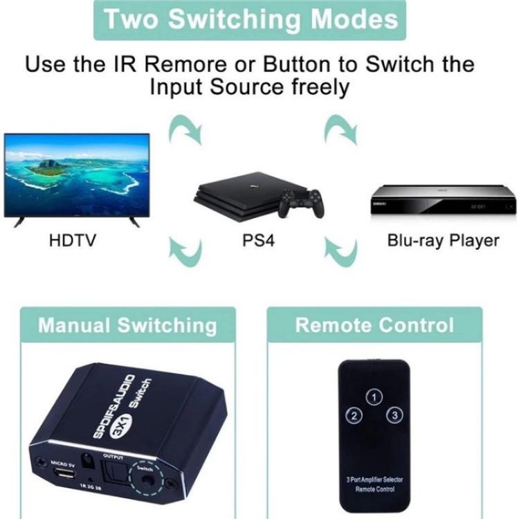VG2 3x1 Audio Switcher SPDIF Optical Switch 3 In 1 Out Digital Toslink Selector For Home Theater