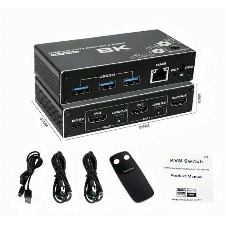 K1 2 Ports HDCP 2.3 RJ45 USB 3.0 Hubs Adapter 4K 120Hz HDMI 2.0b USB-C KVM Switch, K1