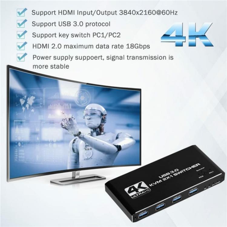 K2 Dual Computer Control 4K 60Hz USB 3.0 KVM Switch 2 In 1 Out Adapter, K2