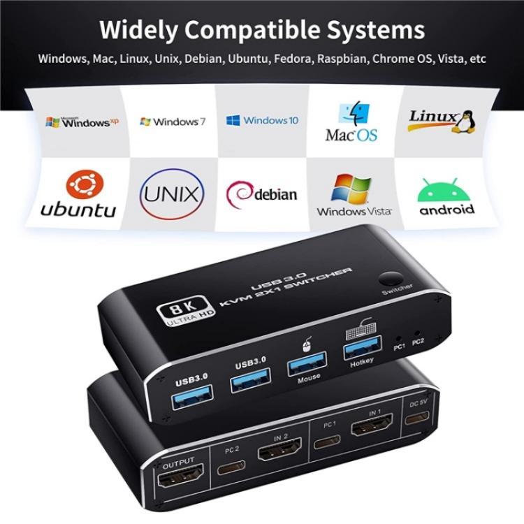 K4 Laptop Game Console 8K Ultra HD USB 3.0 KVM 2x1 Switcher 2 In 1 Out HDMI 2.1 Converter, K4