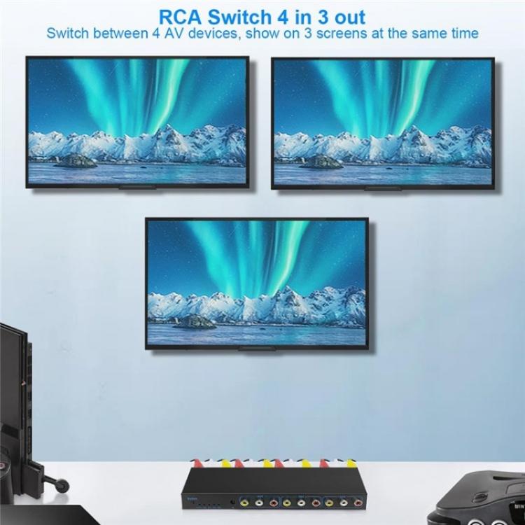 RCA 4 In 3 Out AV Audio Video Signal Composite Switcher AV Switch Splitter Box, US Plug, EU Plug