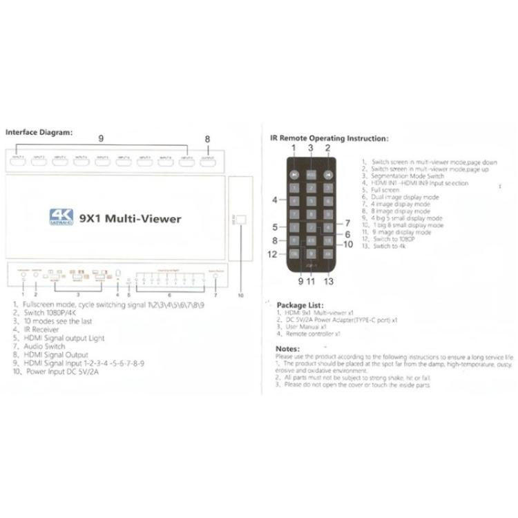 JQF1 9 in 1 Out Switch Adapter Screen Splitter 4K HDMI Multi Viewer Switcher, US Plug, EU Plug