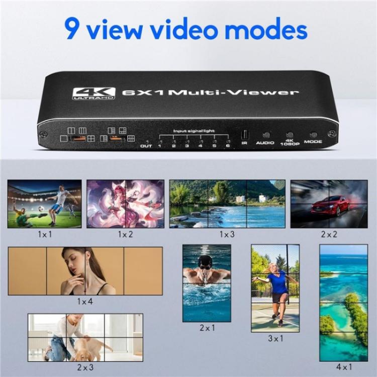JQF2 4K Seamless Switcher Screen Splitter Multiple Display Modes 6 in 1 Out HDMI Multiviewer, US Plug, EU Plug
