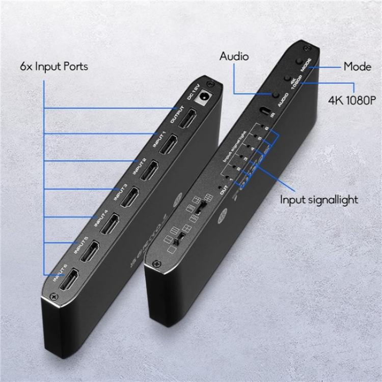 JQF2 4K Seamless Switcher Screen Splitter Multiple Display Modes 6 in 1 Out HDMI Multiviewer, US Plug, EU Plug