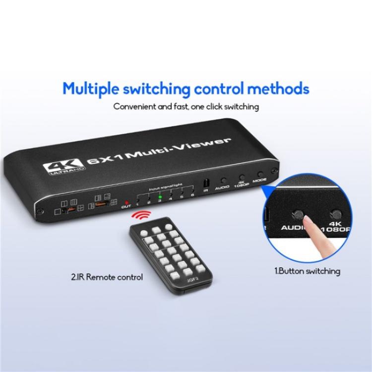 JQF2 4K Seamless Switcher Screen Splitter Multiple Display Modes 6 in 1 Out HDMI Multiviewer, US Plug, EU Plug