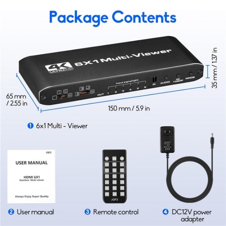 JQF2 4K Seamless Switcher Screen Splitter Multiple Display Modes 6 in 1 Out HDMI Multiviewer, US Plug, EU Plug