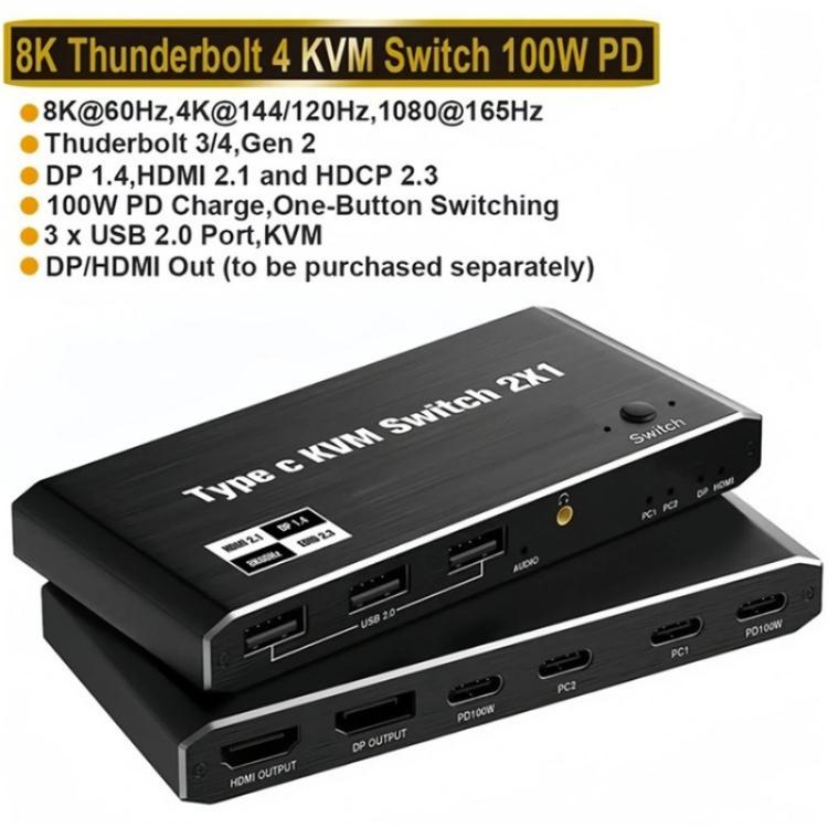 K7 With 3 USB 2.0 Ports 8K 60Hz HD / DP 100W PD Charging Type C KVM Switcher, K7