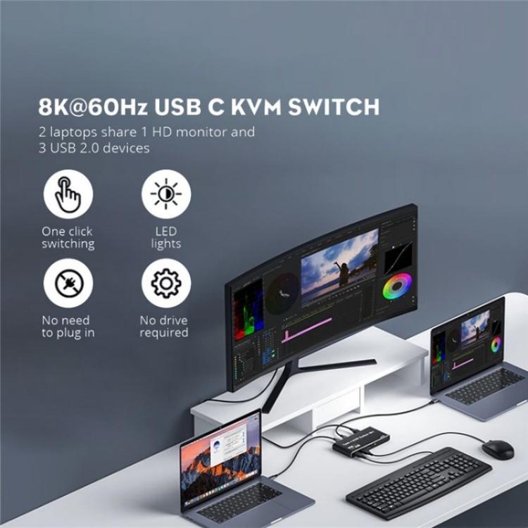 K7 With 3 USB 2.0 Ports 8K 60Hz HD / DP 100W PD Charging Type C KVM Switcher, K7