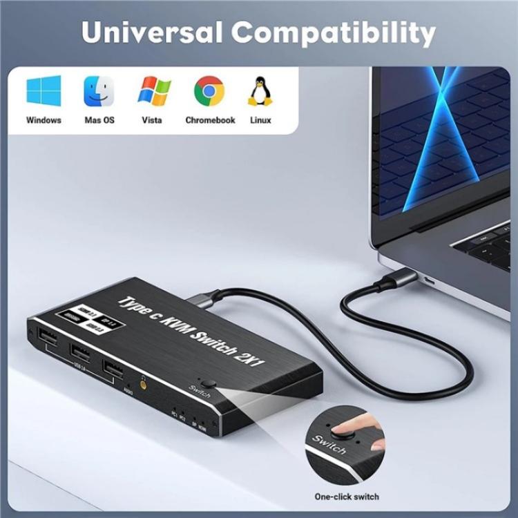K7 With 3 USB 2.0 Ports 8K 60Hz HD / DP 100W PD Charging Type C KVM Switcher, K7