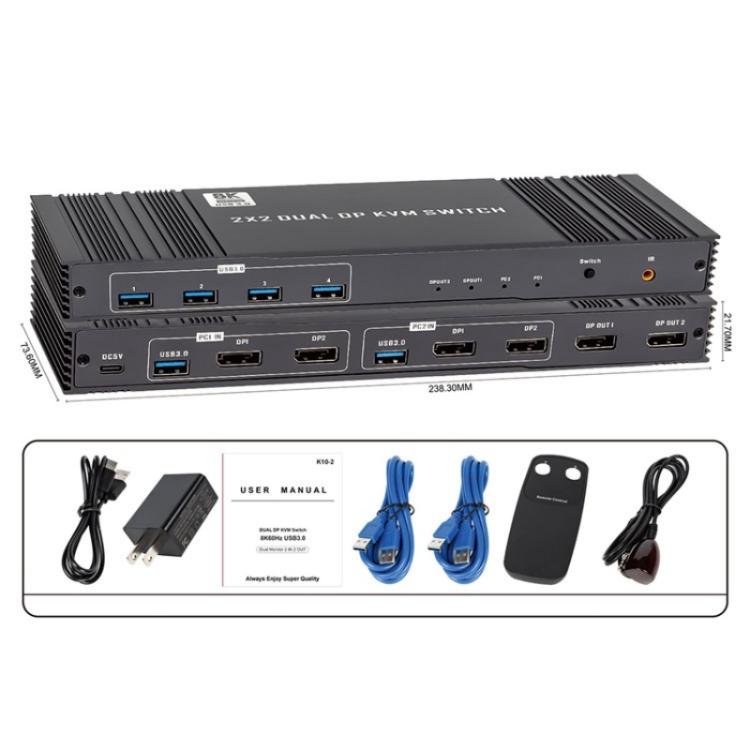 K10-2 For 2 Computers/Monitors USB 3.0 Dual DP Output 8K 60Hz 2x2 Version 2.1 KVM Switcher, US Plug, EU Plug