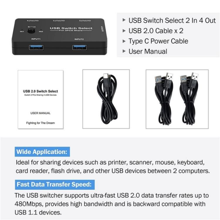 U7 PC Game Console 4 In 1 USB Switch HUB 2 Input 4 Output KVM Splitter USB Shared Switcher, U7