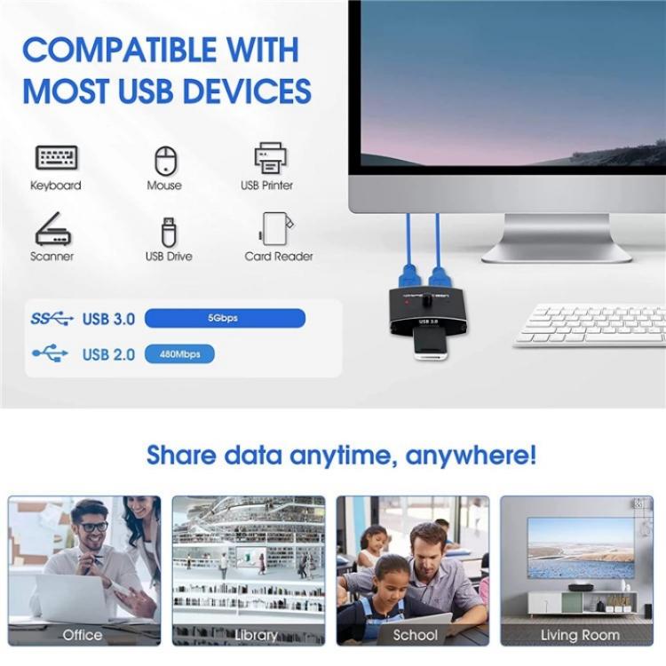 U3 USB Drive Printer Sharing Splitter USB 3.0 Bidirectional Switch 1 Input 2 Output Hub, U3