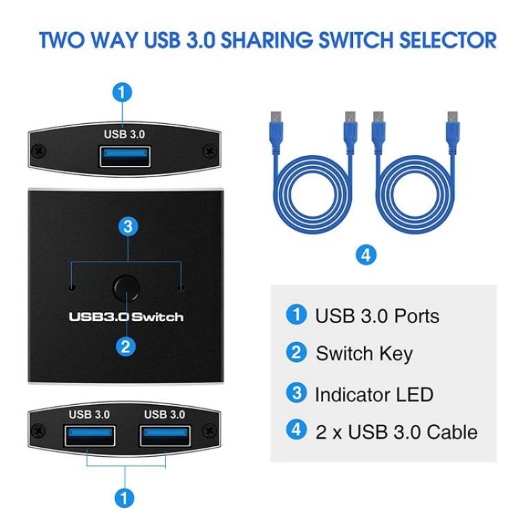 U3 USB Drive Printer Sharing Splitter USB 3.0 Bidirectional Switch 1 Input 2 Output Hub, U3