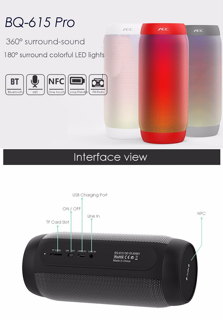 Altoparlante stereo HiFi wireless LED colorato BQ615 PRO, combina Bluetooth + lettore di schede TF + radio FM + AUX + NFC, BQ615 PRO