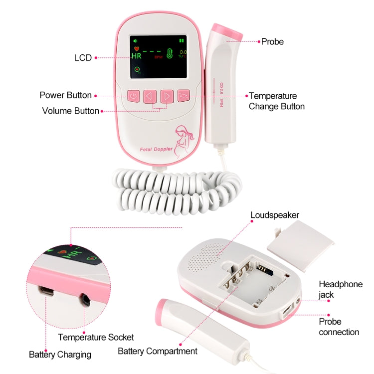 FD20P Monitor rilevatore di battito cardiaco per bambini ad ultrasuoni Doppler fetale, FD20P