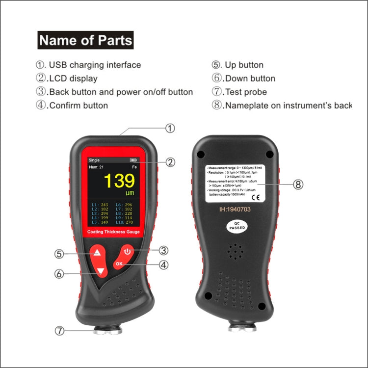 GT230 Misuratori di spessore Misuratore di spessore di rivestimento di vernice Pellicola per auto Misuratore di spessore digitale Tester Misuratore di spessore ricaricabile, GT230