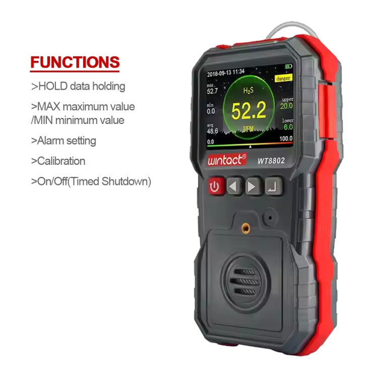WINTACT WT8802 Monitor di idrogeno solforato Sensore di gas ricaricabile professionale Rilevatore di vibrazioni H2S con allarme sonoro e luce digitale ad alta sensibilità