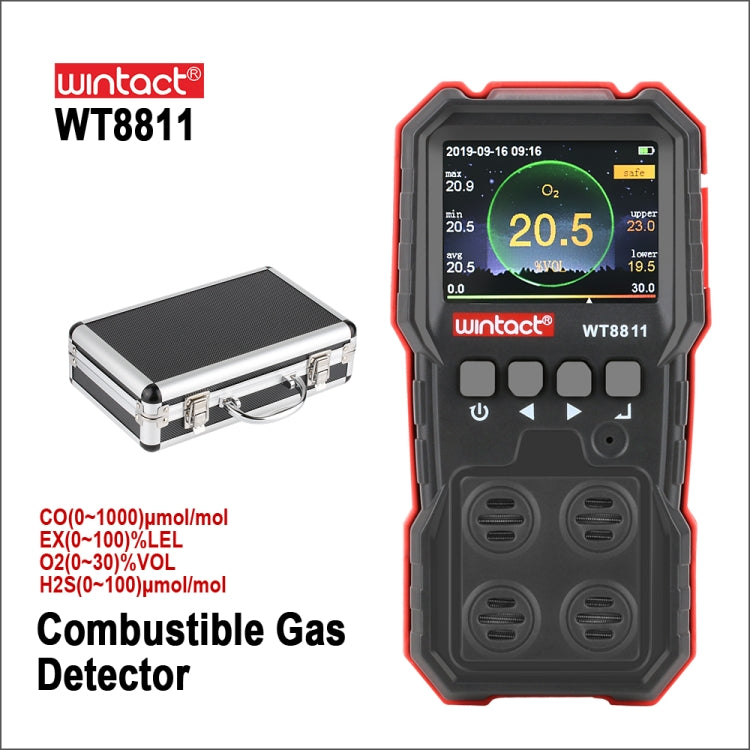WINTACT WT8811 Monitor Gas Composti Display LCD Ricaricabile Multifunzione 4 in1 Sensore Gas Combustibile O2 H2S CO Allarme Vibrazione Suono-Luce