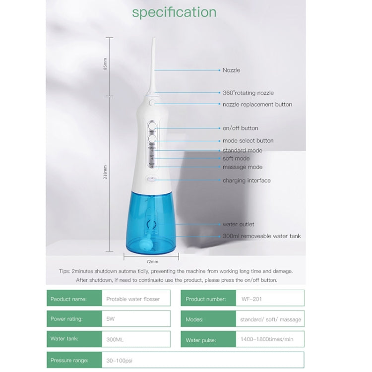 Pulitore per filo interdentale senza fili Portatile 1400mAh Idropulsore ricaricabile tramite USB IPX7 Irrigatore orale impermeabile, Capacità del serbatoio dell'acqua: 300ML, WF201K-2