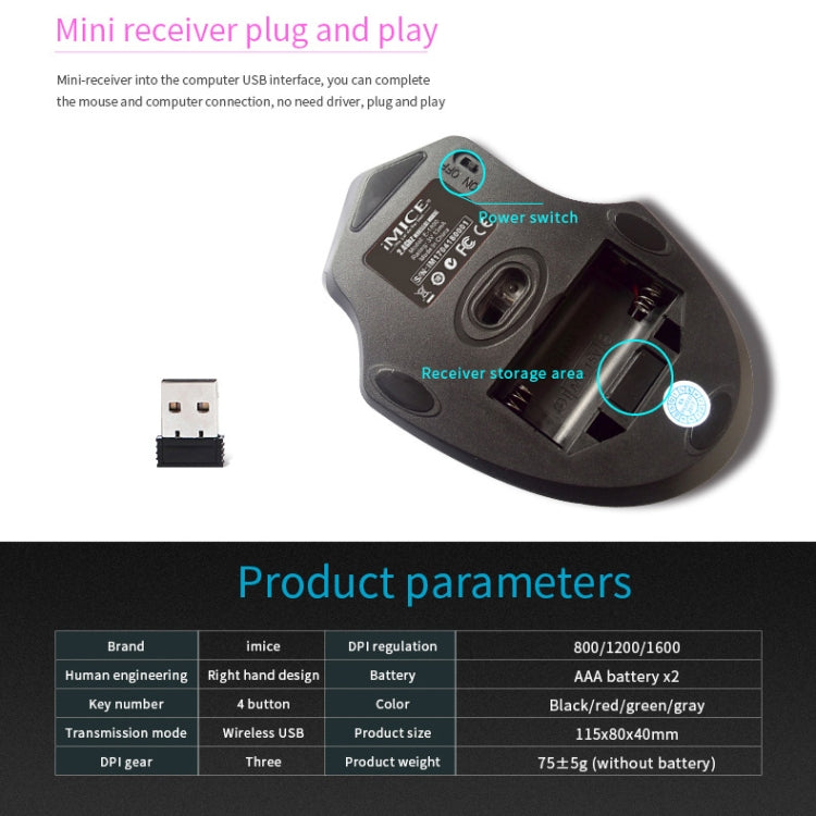 Mouse ottico per computer con ricevitore USB 3.0 regolabile iMICE da 2,4 GHz 2000 DPI, TBD003784801A, TBD003784801B, TBD003784801C, TBD003784801D, TBD003784801E, TBD003784801F, TBD003784801G, TBD003784801H
