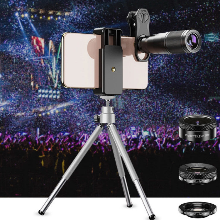 APEXEL APL-22X105 Teleobiettivo 22X in metallo 4 in 1 + Fisheye + Grandangolo + Macro Starlight Polarizzazione Set di lenti esterne universali per telefono cellulare