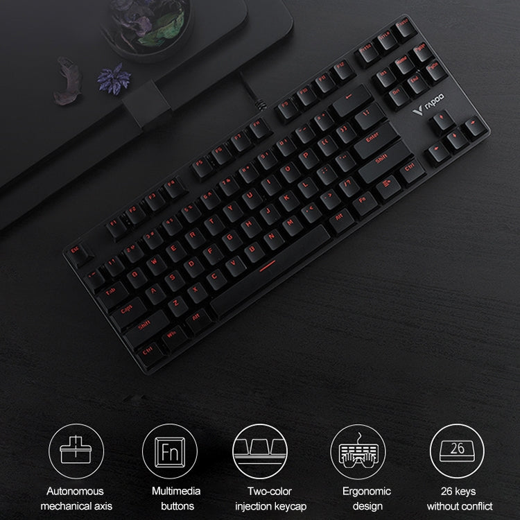 Rapoo V500 87 tasti in lega edizione Desktop Laptop Computer Game Esports Office Home Typing Tastiera meccanica cablata in metallo senza retroilluminazione,, Black Shaft, Green Shaft, Tea Shaft