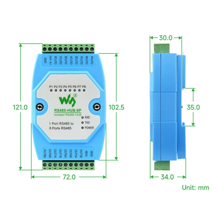 Waveshare RS485-HUB-8P Industrial Grade 8-Channel Isolated RS485 Hub, Rail Mount Support, Wide Transmission Speed Range