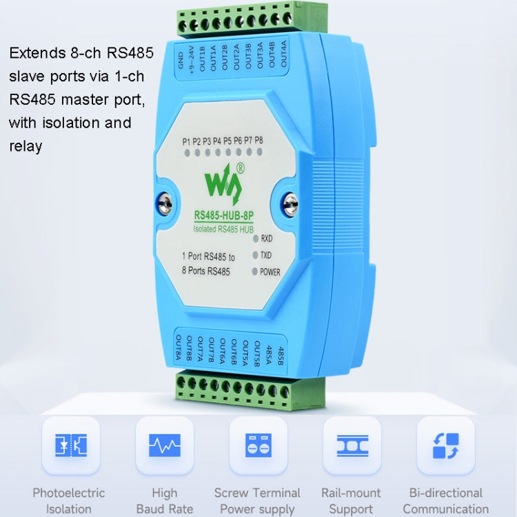 Waveshare RS485-HUB-8P Industrial Grade 8-Channel Isolated RS485 Hub, Rail Mount Support, Wide Transmission Speed Range