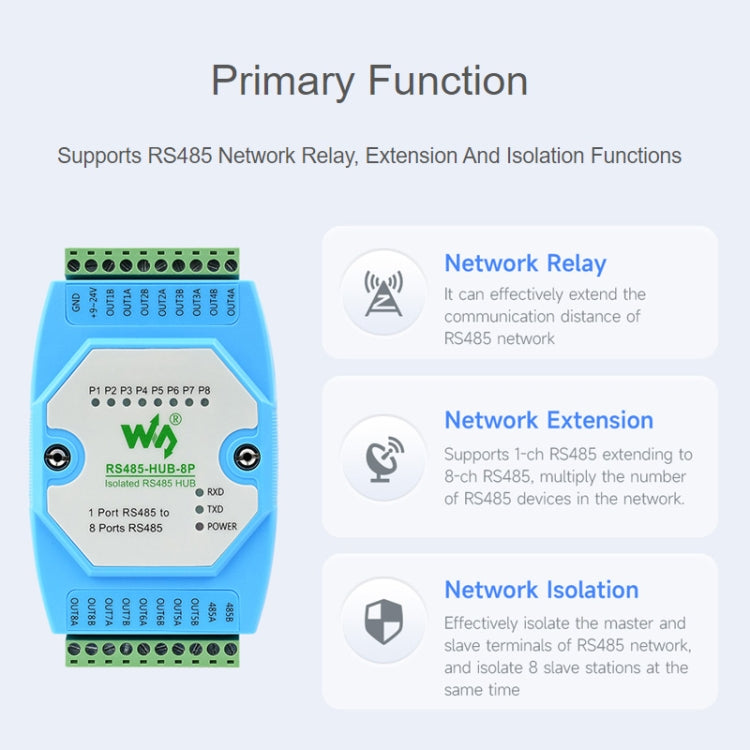 Waveshare RS485-HUB-8P Industrial Grade 8-Channel Isolated RS485 Hub, Rail Mount Support, Wide Transmission Speed Range