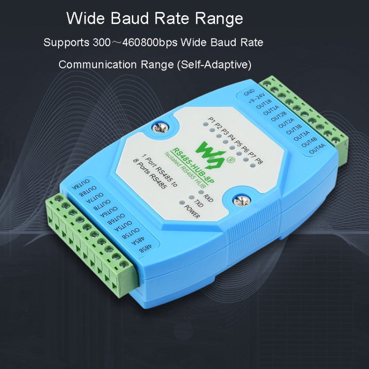 Waveshare RS485-HUB-8P Industrial Grade 8-Channel Isolated RS485 Hub, Rail Mount Support, Wide Transmission Speed Range