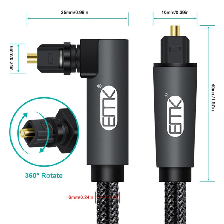 Cavo audio ottico EMK girevole da 90 gradi regolabile ad angolo retto ruotabile di 360 gradi con spina in nylon intrecciato, 1m(Black), 1.5m(Black), 2m(Black), 3m(Black), 5m(Black), 8m(Black), 10m(Black), 15m(Black), 20m(Black), 25m(Black), 30m(Black)