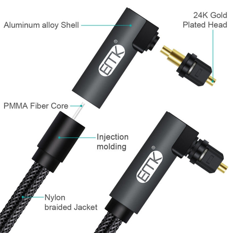 Cavo audio ottico EMK girevole da 90 gradi regolabile ad angolo retto ruotabile di 360 gradi con spina in nylon intrecciato, 1m(Black), 1.5m(Black), 2m(Black), 3m(Black), 5m(Black), 8m(Black), 10m(Black), 15m(Black), 20m(Black), 25m(Black), 30m(Black)