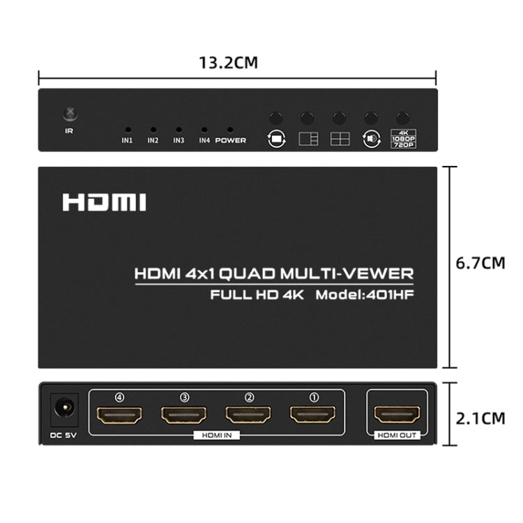 Lo splitter HDMI 4K FJGEAR FJ-401HF 4 In 1 Out supporta la segmentazione di quattro schermi, FJ-401HF EU Plug, FJ-401HF US Plug