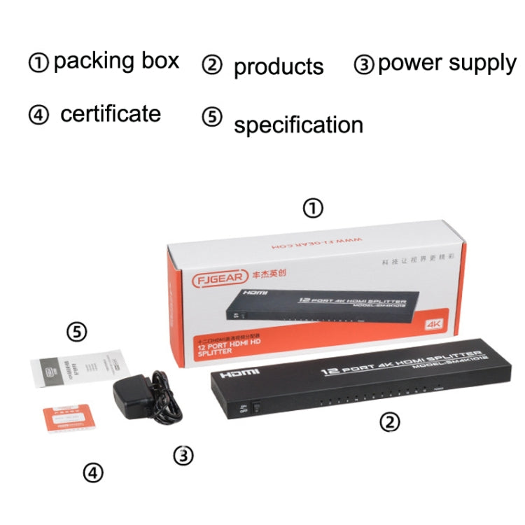 FJGEAR FJ-SM1012 Splitter audio e video 1 ingresso 12 uscite 30HZ HDMI 4K HD, FJ-SM1012 US Plug, FJ-SM1012 EU Plug