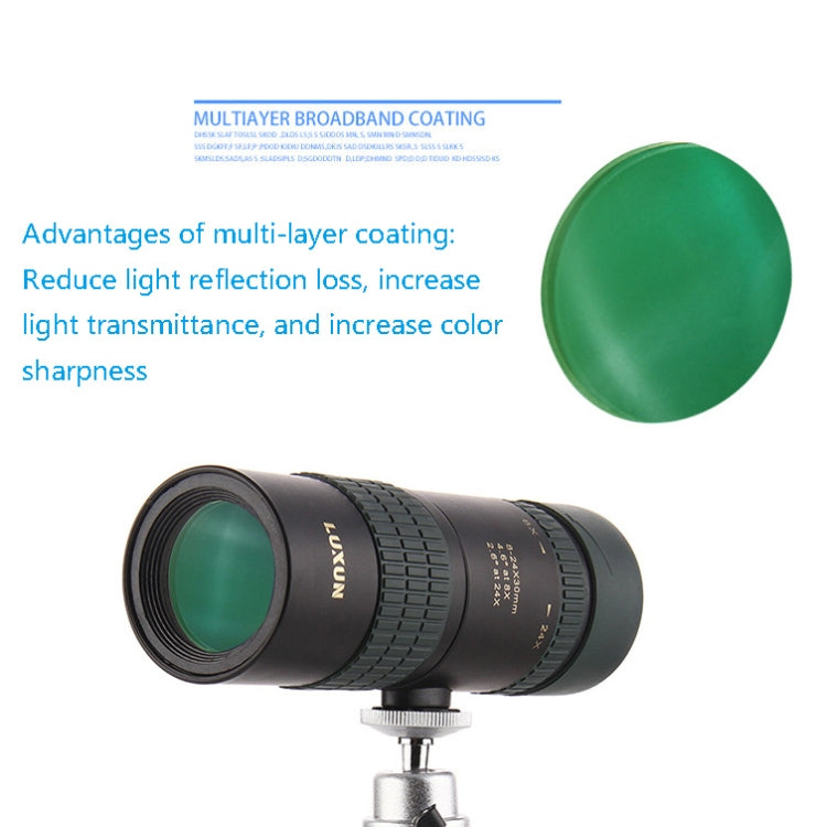 LUXUN 8-24X30 Telescopio a variazione monocilindrica per visione notturna scintillante con clip per telefono e treppiede, with Phone Clip & Tripod